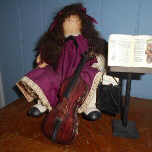 Seated Wooden Doll Playing Base Fiddle & Music Stand